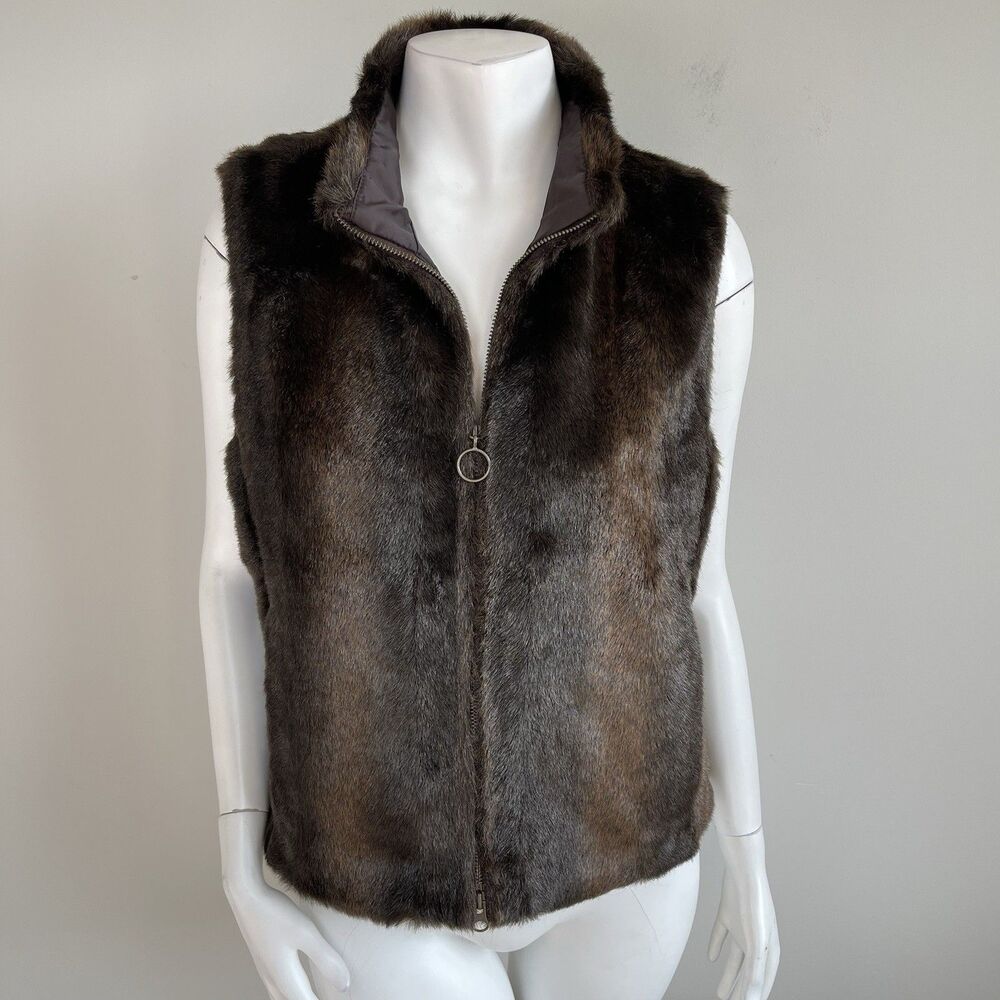 Vintage Ann Taylor Loft Brown Faux Fur Vest‎ Mock Neck M Old Money Mob Wife